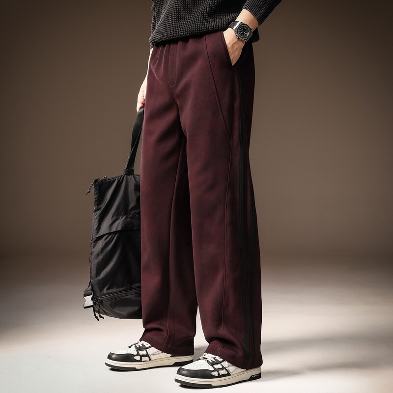 高端美式复古重磅针织休闲裤男士秋冬宽松直筒阔腿条纹运动卫裤子