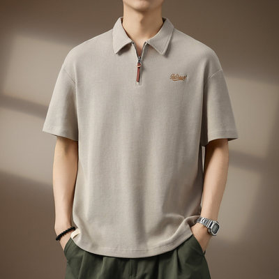 高端美式复古华夫格绣花Polo衫男夏季半拉链重磅短袖五分袖T恤男