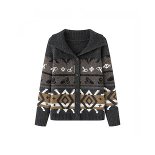 MM麦麦25冬费尔岛风撞色提花针织开衫女慵懒风毛衣外套4GB133591