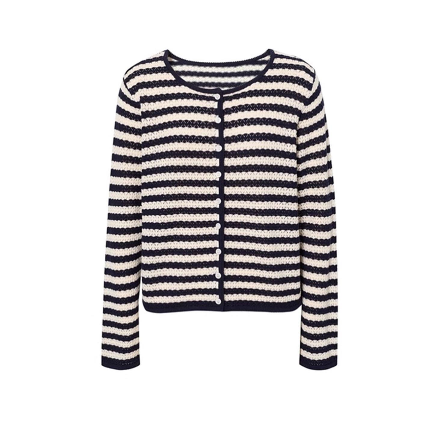 商场同款正品速发2025秋新品条纹开衫镂空花边针织衫开衫女8932