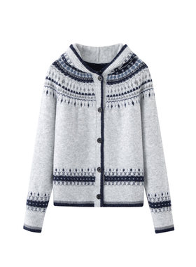 MM麦麦2025冬新款费尔岛提花针织衫灰色连帽上衣女外套4FB335541