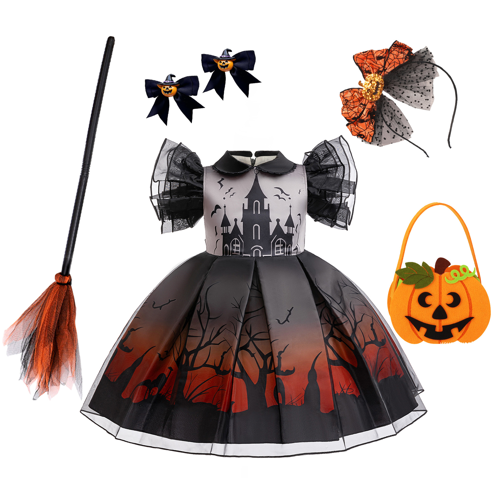 Halloween dress万圣节女巫角色扮演cosplay礼服蝙蝠印花连衣裙
