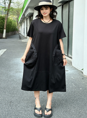 250391欧货夏季大版连衣裙拼接时尚短袖圆领胖MM宽松显瘦黑裙子潮