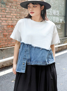 250360 美式复古潮牌撞色上衣牛仔拼接不规则设计感独特ins上衣