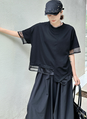 250557山本暗黑风短袖T恤不规则拼接网纱纯色百搭显瘦个性上衣潮