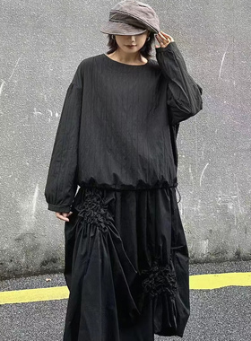 250903 秋季新款复古古日系纯色套头衬衫文艺宽松显瘦圆领T恤女