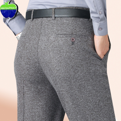 苹果秋冬季羊毛呢男裤厚款中老年休闲西裤宽松直筒爸爸毛呢长裤子