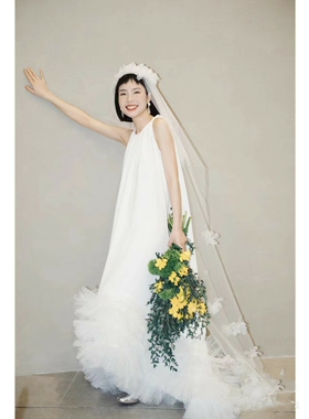 新款文艺森系花朵头纱小清新双层立体花头纱长款造型跟妆写真头饰