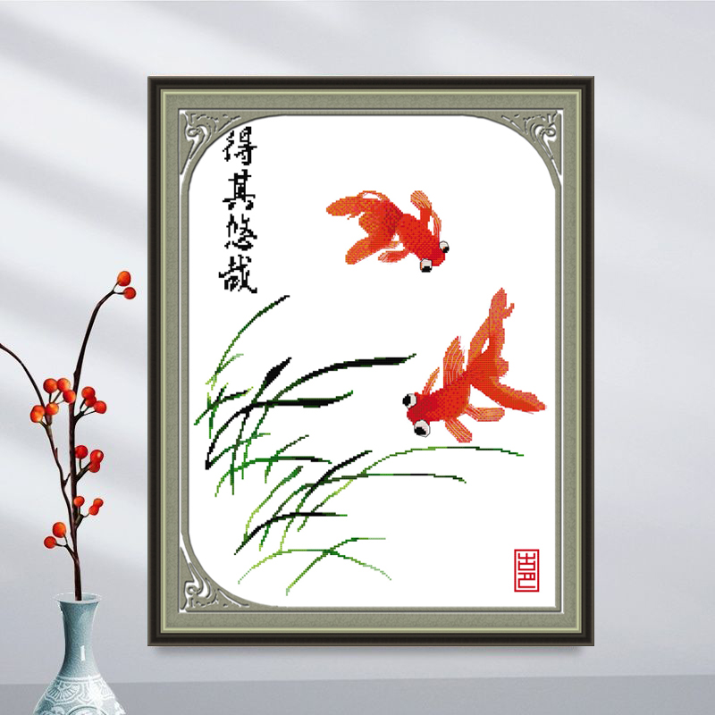 新款十字绣金鱼年年有余鱼手工刺绣客厅卧室挂画简约小副简单线绣