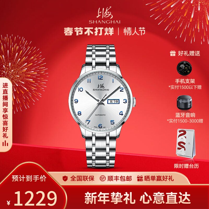 上海手表国民系列简约大表盘41毫米男士自动机械钢带腕表3013