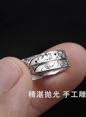 s999足银小王子与玫瑰情侣对戒女小众简约高级百搭纯银戒指送礼物