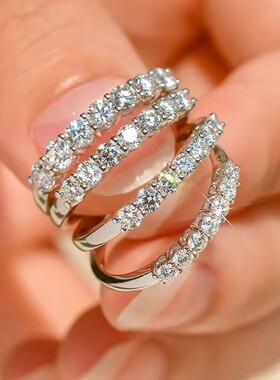 正品莫桑石排钻戒指女V型七星纯银叠戴铂金指环尾戒闭口七夕礼物