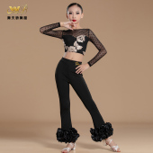 女跳舞裤 女童舞蹈裤 练功服儿童直筒拉丁舞裤 秋冬黑色喇叭裤 子 套装