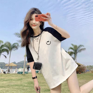 纯棉撞色宽松t恤短袖 初中高中学生中长款 少女插肩拼接设计感上衣