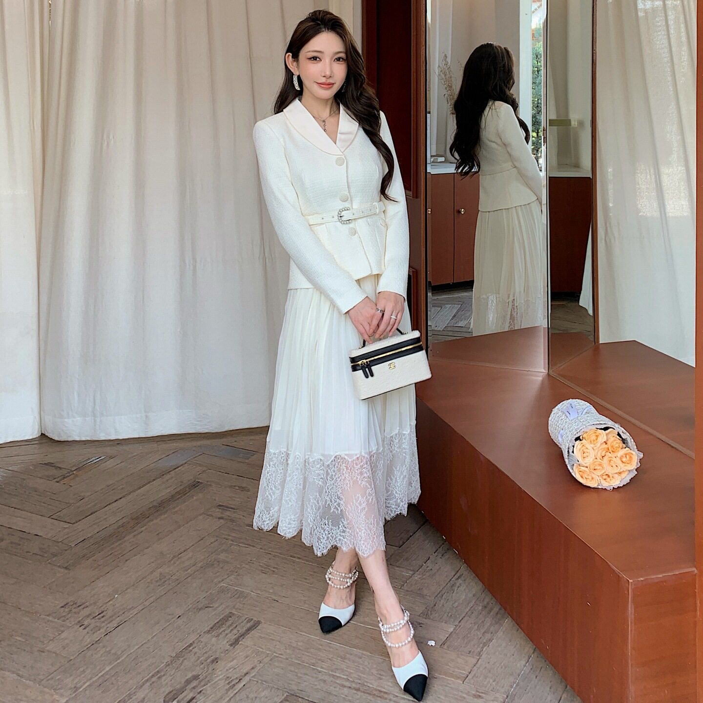 学媛风女装通勤风米白色粗花呢长袖百褶雪纺蕾丝长裙假两件连衣裙