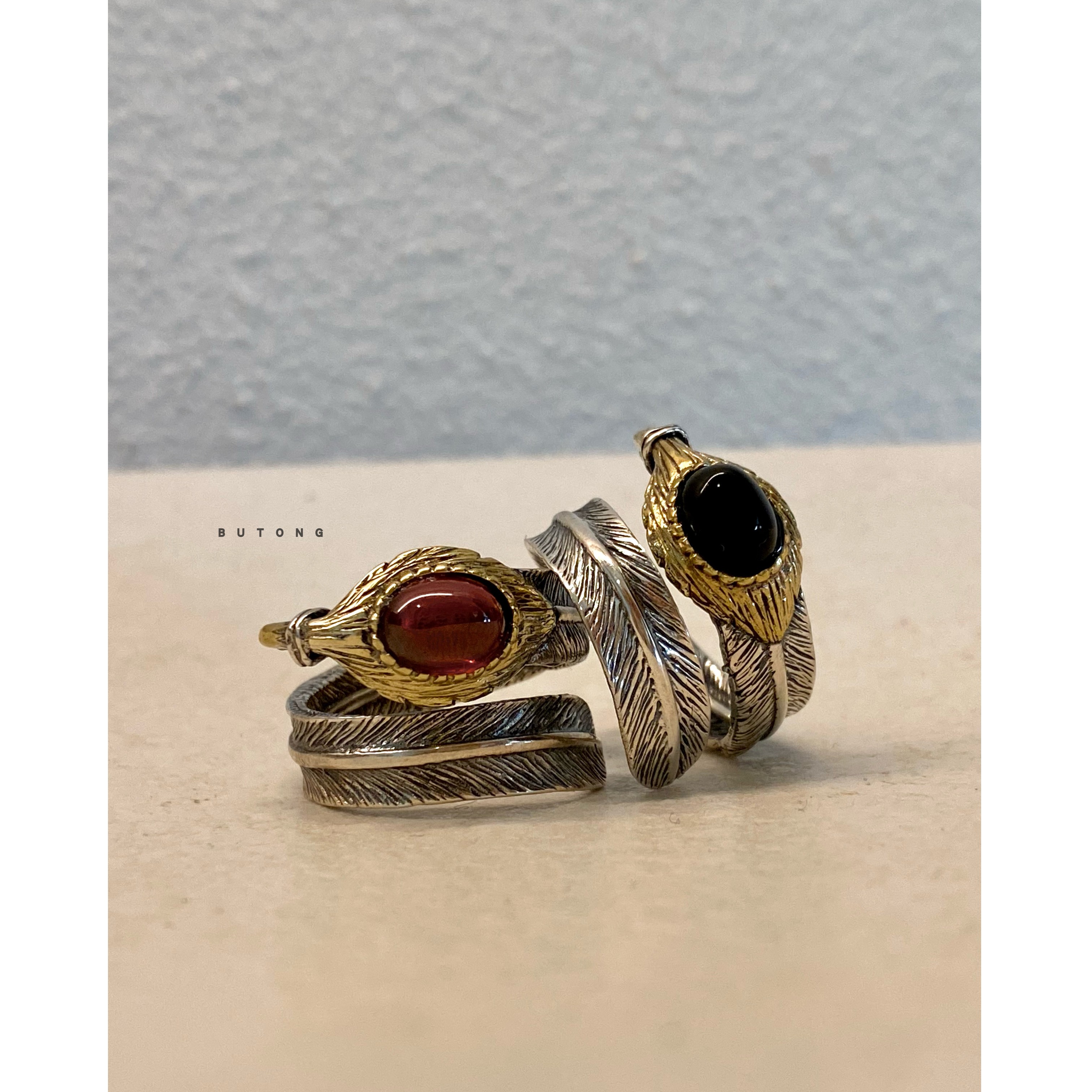 男女925纯银日式羽毛戒指黑玛瑙