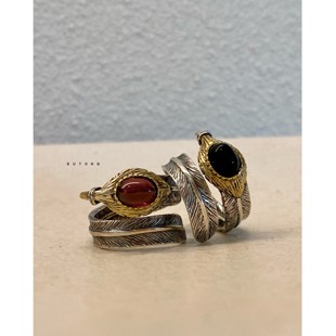 不同银匠 复古925纯银和风高桥小众设计葵扇羽毛戒指印第安黑玛瑙