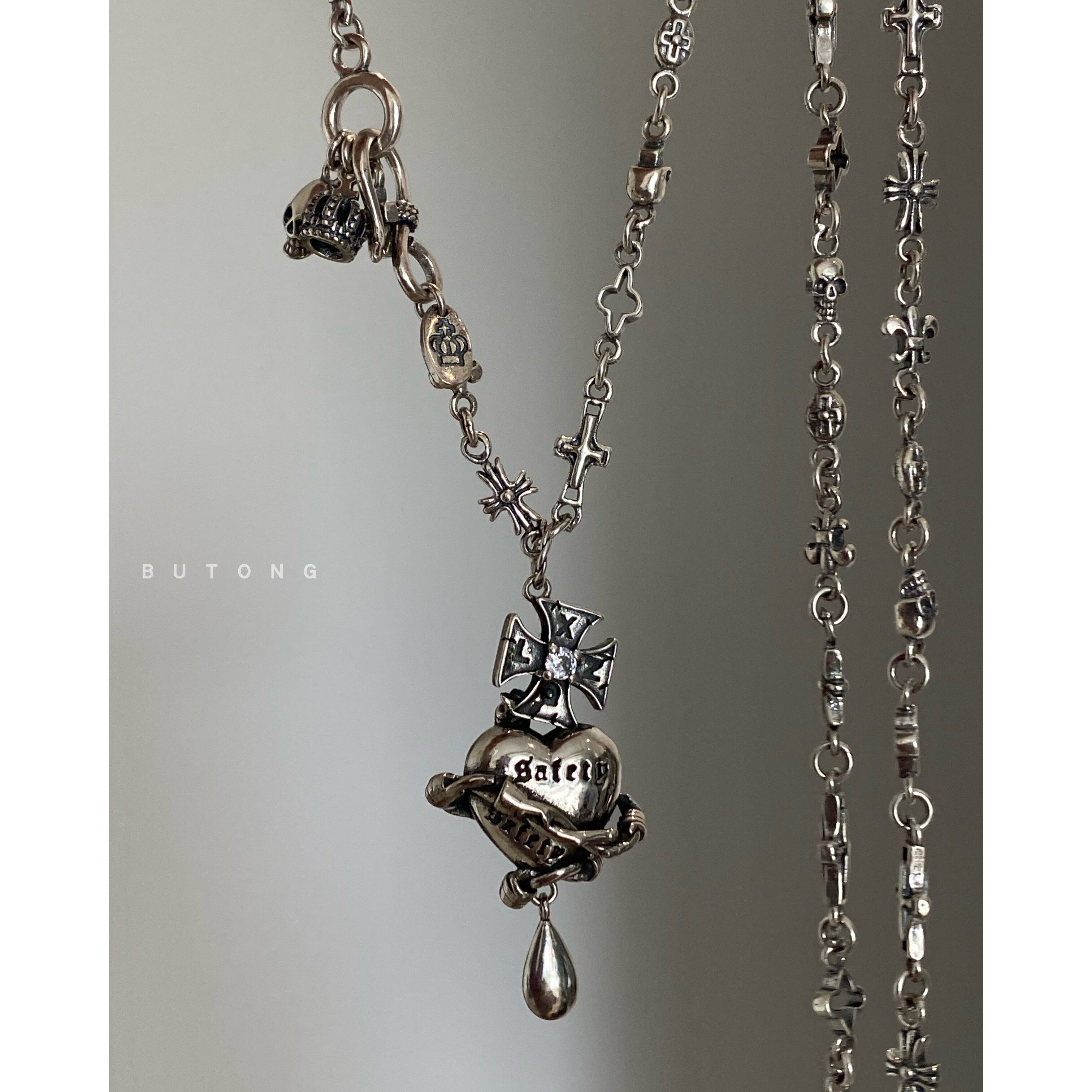 不同银匠 925纯银心形重工字母十字架吊坠多重元素骷髅头男女项链