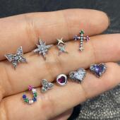 不同银匠 通体925纯银水钻爱心六芒星星耳钉轻奢耳骨钉螺丝耳堵女