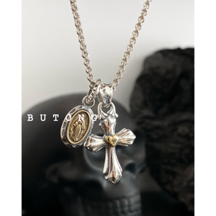 不同银匠 复古欧美925纯银小爱心十字架吊坠守护情侣锁骨项链礼物