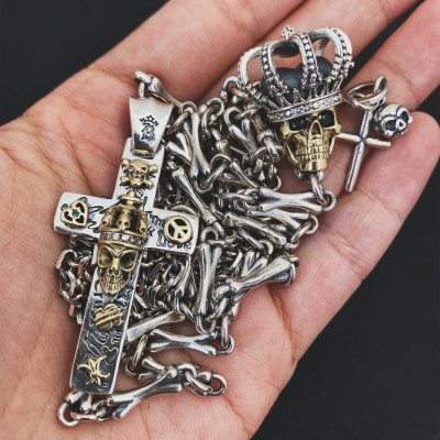 不同银匠 复古925纯银皇冠骷髅King十字架字母涂鸦吊坠男毛衣项链