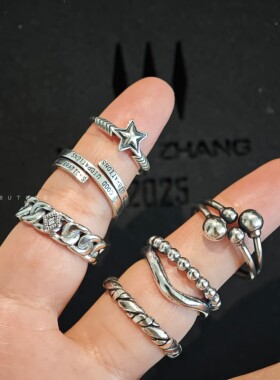 韩系简洁925银复古五角星开口戒