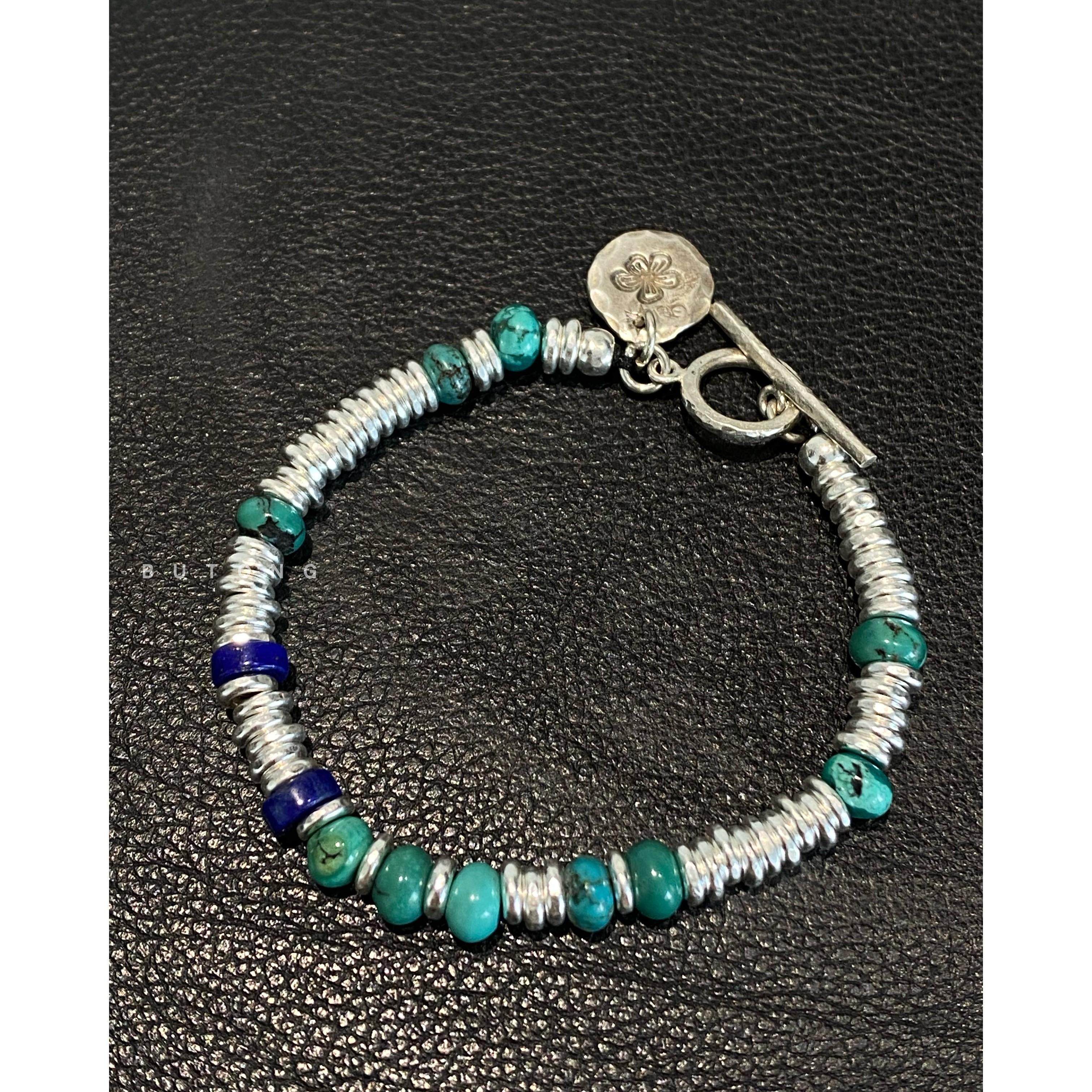 不同银匠 手作925纯银盘缠天然绿松石青金石雏菊花小饼OT扣手链女