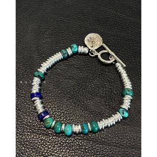 不同银匠 手作925纯银盘缠天然绿松石青金石雏菊花小饼OT扣手链女