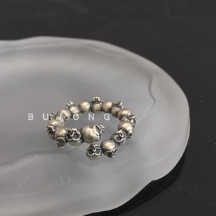 不同银匠 复古做旧925纯银骷髅头开口戒指黑暗系哥特朋克摇滚男女