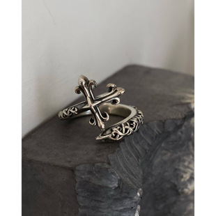 不同银匠 朋克潮男女指环 复古925纯银藤蔓十字架缠绕开口戒指个性