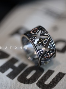 925纯银复古镂空开口戒指十字架