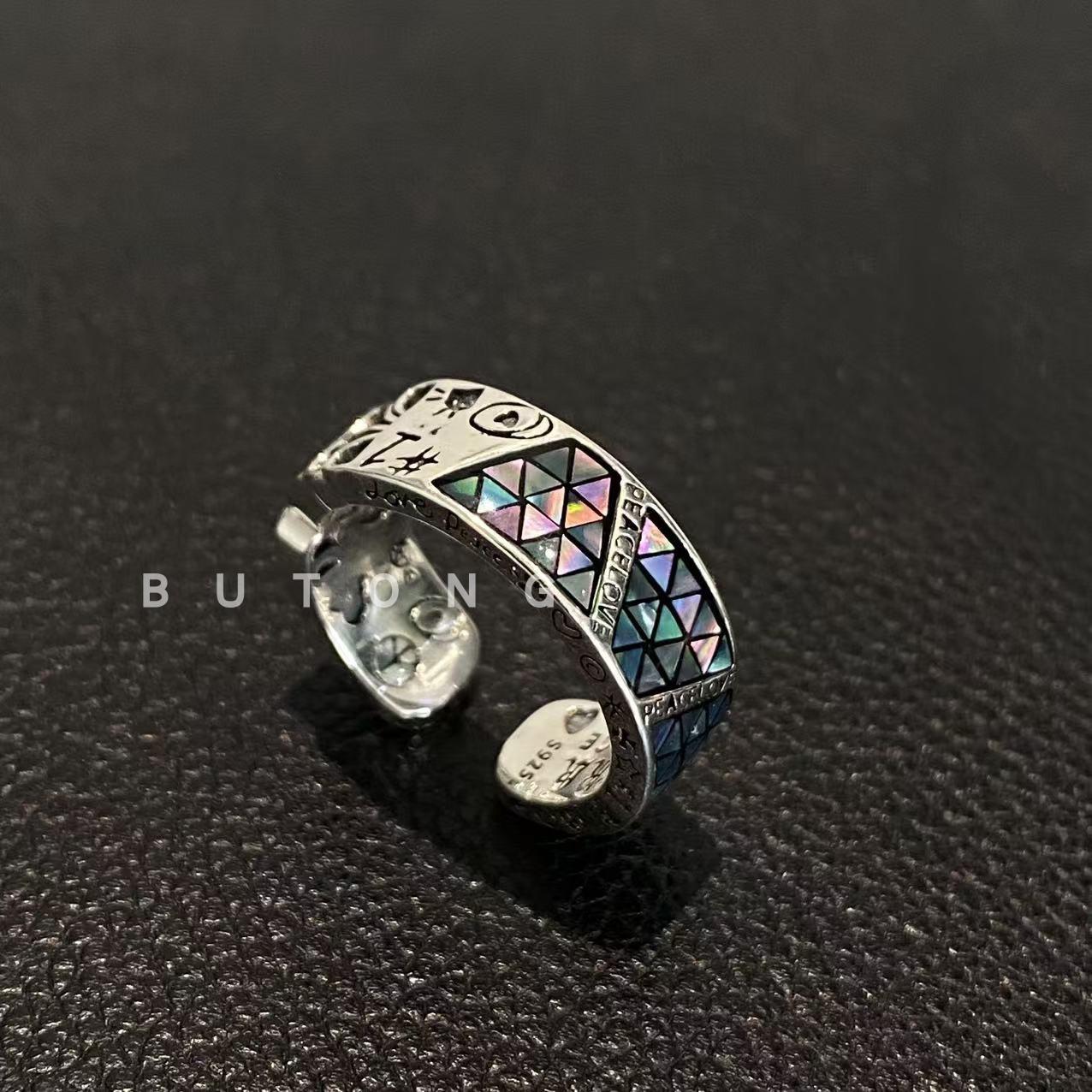 不同银匠 925纯银彩贝几何涂鸦图腾开口戒指女轻奢小众设计高级感