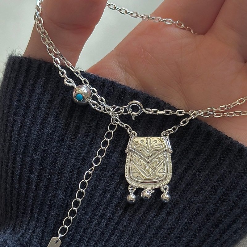 不同银匠 韩系925纯银设计感复古铃铛小包包项链锁骨链百搭气质女