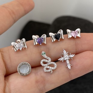 不同银匠 通体925纯银镶嵌彩钻蝴蝶结耳钉灵蛇十字架高级螺丝耳堵