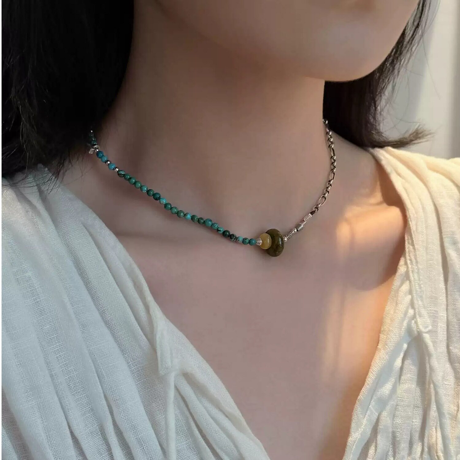 不同银匠S925银天然绿松石圆珠绿松石跑环方块绿松石蜜蜡隔片项链