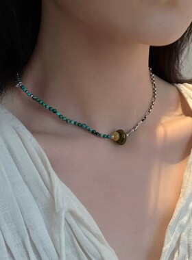 不同银匠S925银天然绿松石圆珠绿松石跑环方块绿松石蜜蜡隔片项链