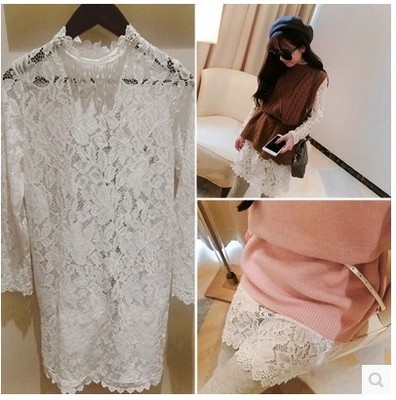 长袖内搭网纱高领白色镂空蕾丝衫