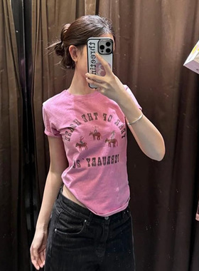 韩系小马印花玫粉色正肩短袖t恤女夏季2026新款修身显瘦短款上衣