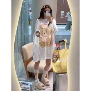 韩系可爱粉底小熊长袖上衣女宽松遮肉中长款下衣失踪薄款防晒T恤