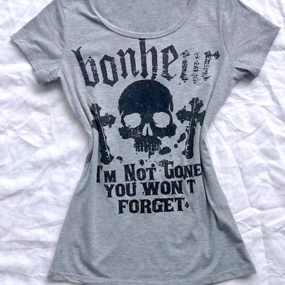 vintage涩谷辣妹骷髅字母印花古着美式夏季新款原创灰色T恤上衣潮