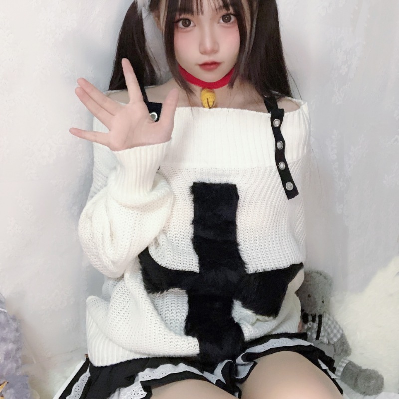 原宿朋克亚文化punk秋冬露肩白色毛绒十字架针织毛衣宽松休闲上衣