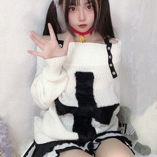 原宿朋克亚文化punk秋冬露肩白色毛绒十字架针织毛衣宽松休闲上衣