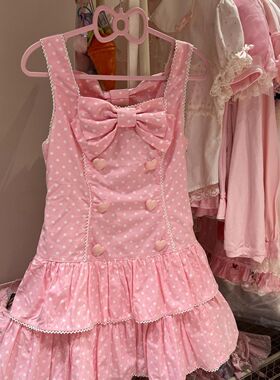 日系ap中古着甜美可爱波点蝴蝶结吊带背带连衣裙Lo萝莉塔蓬蓬短裙