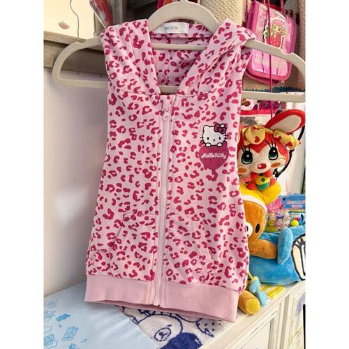 日牌美式辣妹粉豹纹古早连帽HelloKitty印花露背连帽无袖马甲上衣