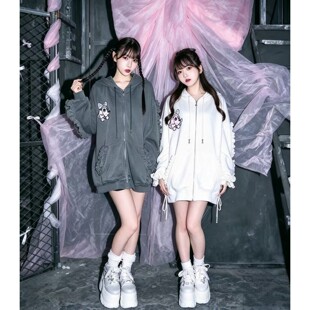 日牌马卡龙联名candy galfy狗妹刺绣花边长袖连帽衫卫衣外套蕾服