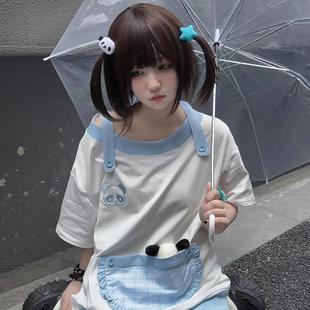 日系可爱甜美熊猫刺绣水色软妹露肩t恤短袖短裤运动服套装