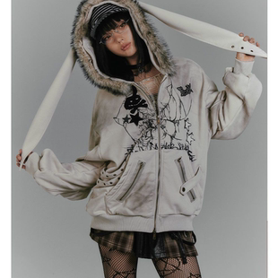 美式复古毛领兔耳连帽卫衣外套灰亚比Y2K印花加绒加厚女上衣秋冬