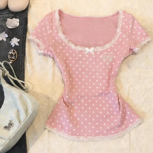千禧甜酷辣妹vintage古早粉色蕾丝波点印花显瘦短袖 上衣T恤韩ins