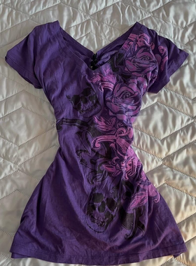 美式复古Vintage古着 紫色哥特玫瑰骷髅印花V领短袖T恤修身夏上衣