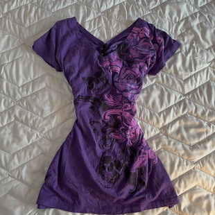美式复古Vintage古着 紫色哥特玫瑰骷髅印花V领短袖T恤修身夏上衣